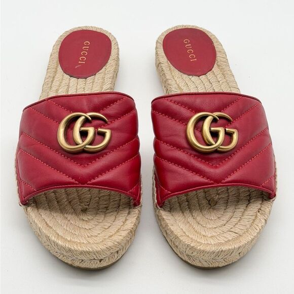 Gucci Pilar GG Marmont Leather Espadrille Slide Sandals Red Matelassé EU 38 US 8 - Picture 2 of 12